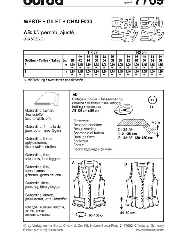 Patron Burda  Gilet - Burda 7769 - Mercerine