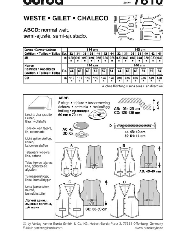 Patron de couture  Gilet - Burda 7810 - Mercerine