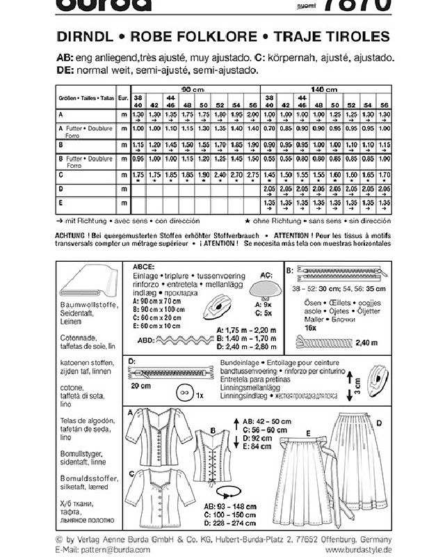 Patron de couture  Dirndl - Burda 7870 - Mercerine