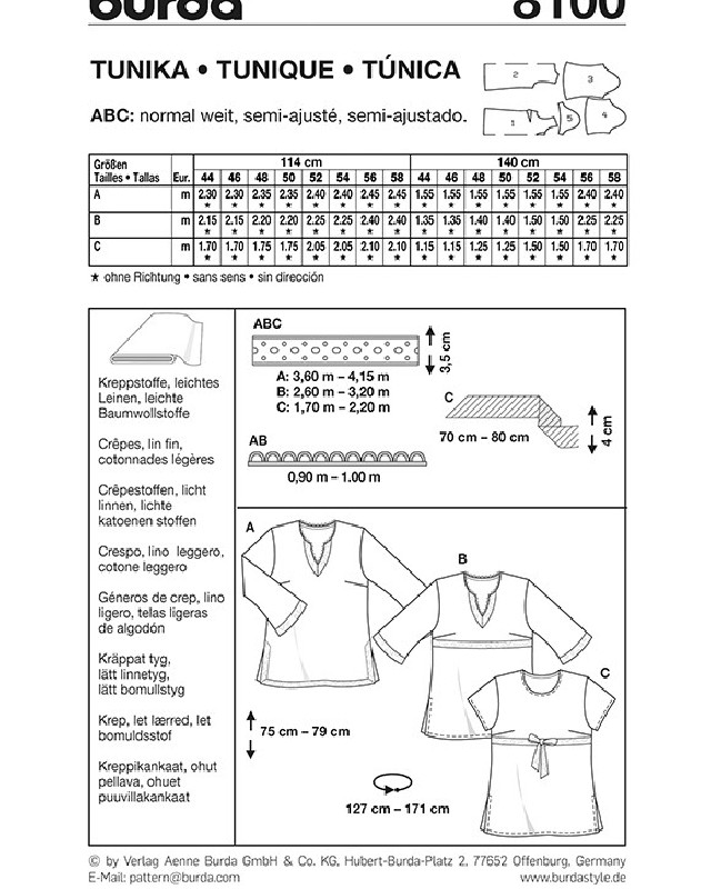 Patron de couture  Tunique - Burda 8100 - Mercerine