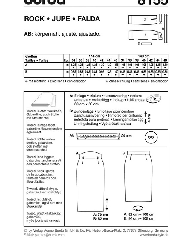 Patron de couture  Jupe - Burda 8155 - Mercerine