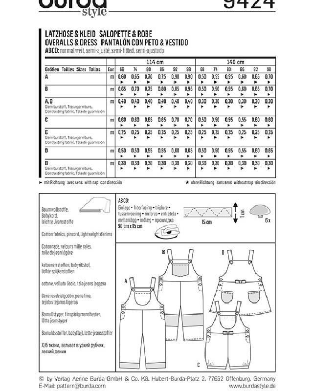 Patron Burda Salopette et robe - Burda 9424 - Mercerine