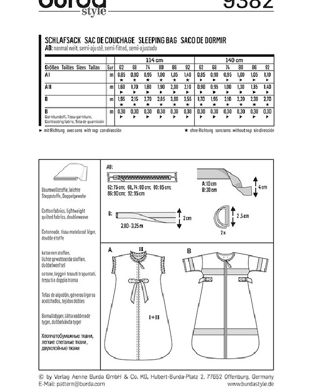 Patron Burda Sacs de couchage - Burda 9382 - Mercerine
