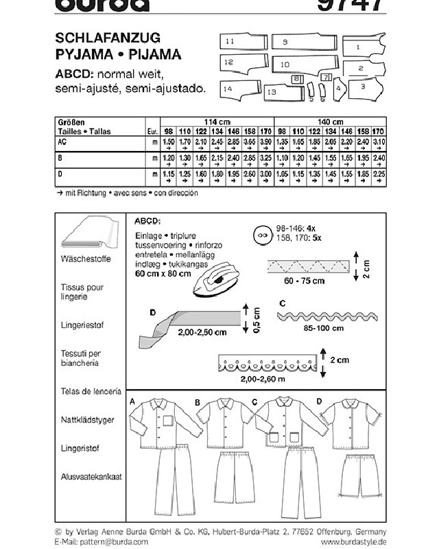 Patron Burda Pyjama - Burda 9747 - Mercerine