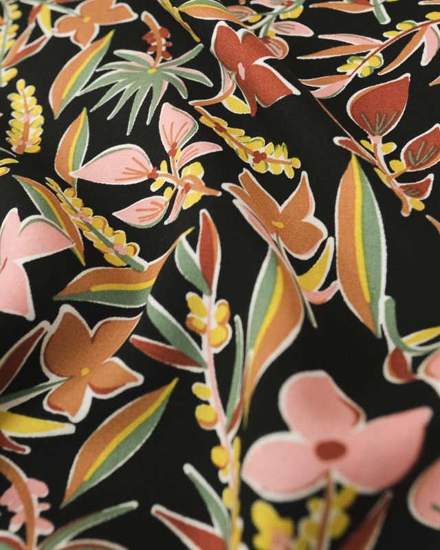 Viscose - noir - Tropical -  fleurs - rose - Mercerine - tissu au mètre