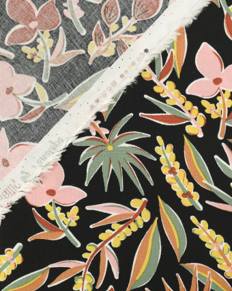 Viscose - noir - Tropical -  fleurs - rose - Mercerine - tissu au mètre