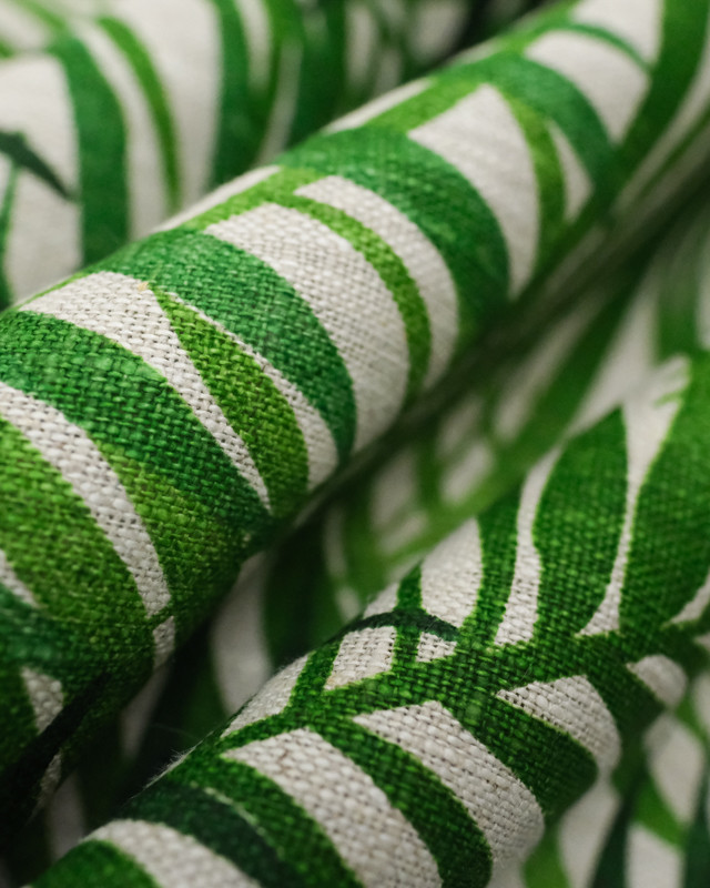 Tissu ameublement : Lin imprimé feuillage jungle vert - Mercerine