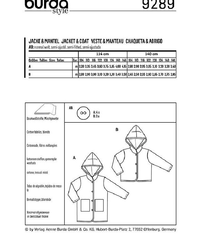 Patron de couture Enfant Manteau - Burda 9289 - Mercerine
