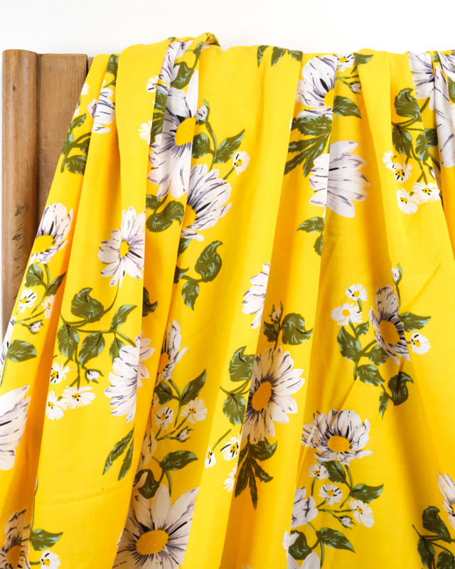 Viscose - jaune - grandes marguerites  - Tissu fleuri - Mercerine