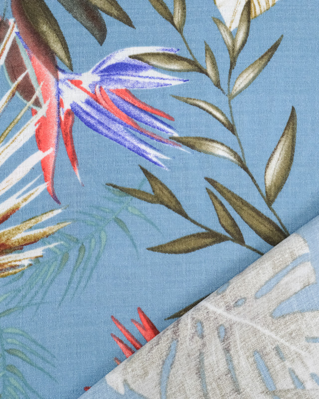 Tissu crepe au mètre : imprimé tropical bleu - Mercerine