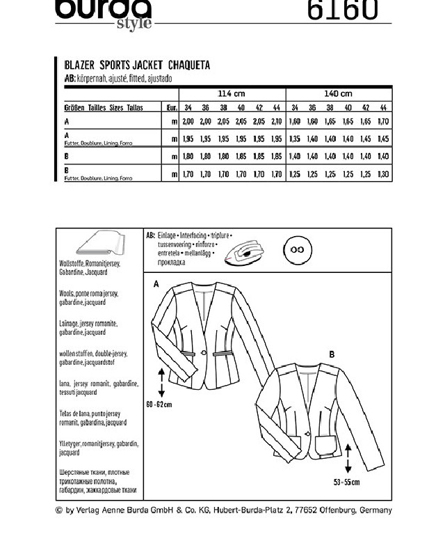 Patron de couture Veste - Burda 6160 - Mercerine