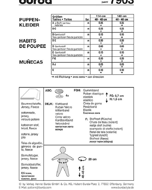 Patron de couture  Robes de poupées - Burda 7903 - Mercerine