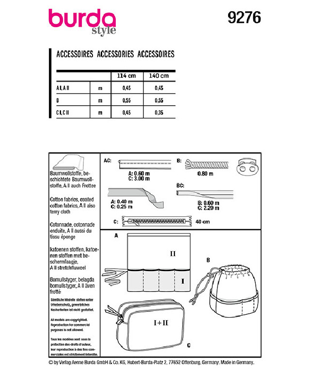 Patron de couture trousse Accessoires Burda 9276 - Mercerine