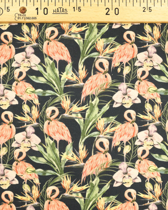 Coton imprimé noir Tropic Flamingo oekotex- Mercerine