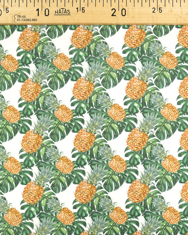 Coton imprimé blanc Ananas des tropiques oekotex - Mercerine