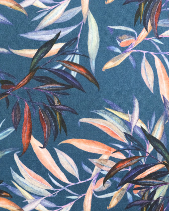 Coton imprimé bleu feuillages tropicales oekotex