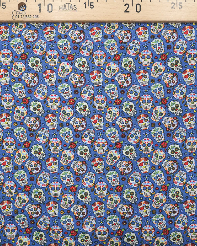 Tissu Popeline de coton mini calaveras Tete de mort indigo -10CM