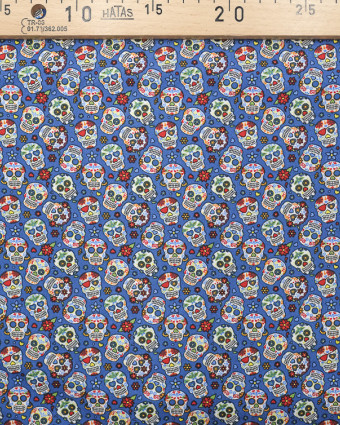 Tissu Popeline de coton mini calaveras Tete de mort indigo -10CM