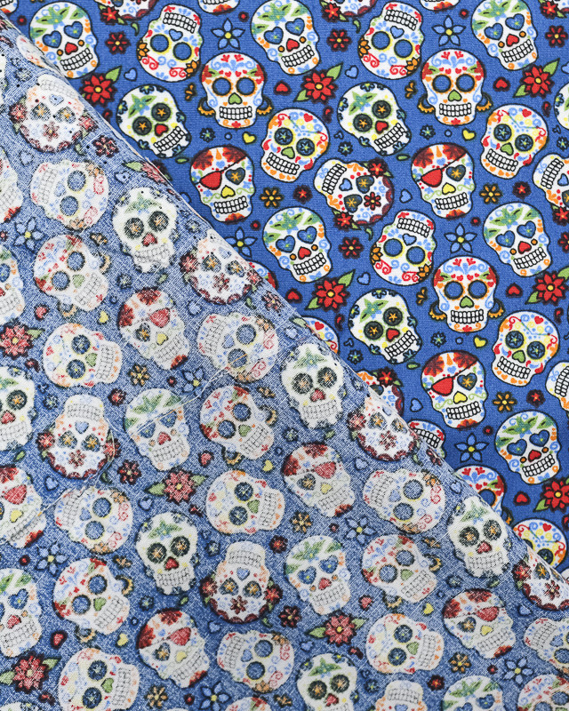 Tissu Popeline de coton mini calaveras Tete de mort indigo -10CM