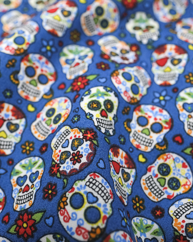 Tissu Popeline de coton mini calaveras Tete de mort indigo -10CM