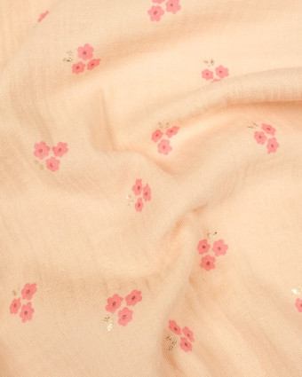 Double gaze de coton rose fleurs lurex