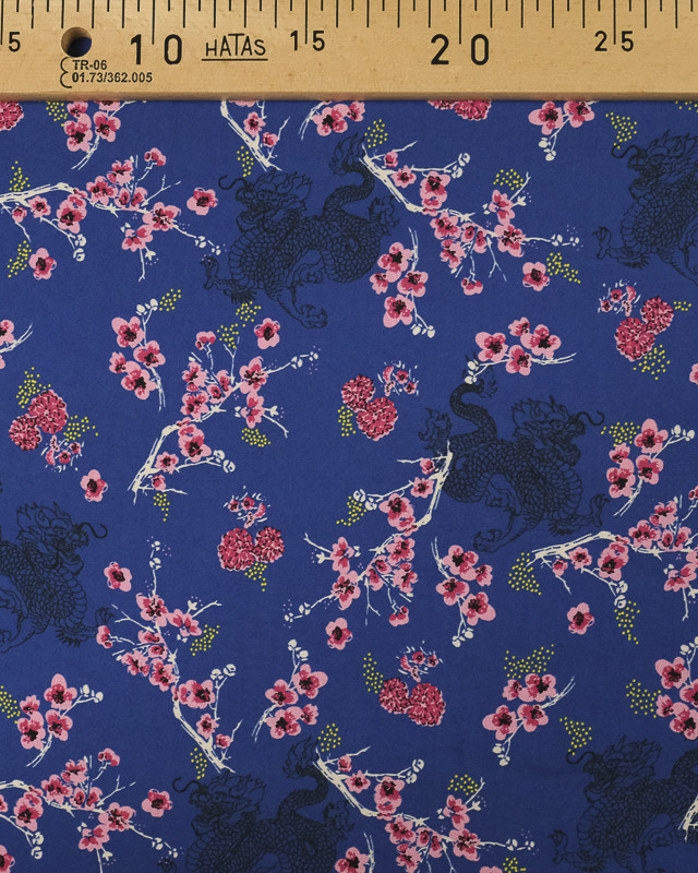 Tissu Viscose bleue fleur japon -100% Francaise - Mercerine -  Mercerine