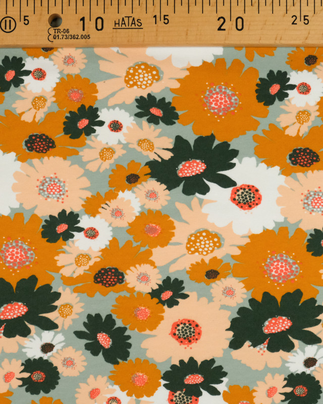 Tissu Sweat Bio Poppy Flowers Fleur Vert et ocre