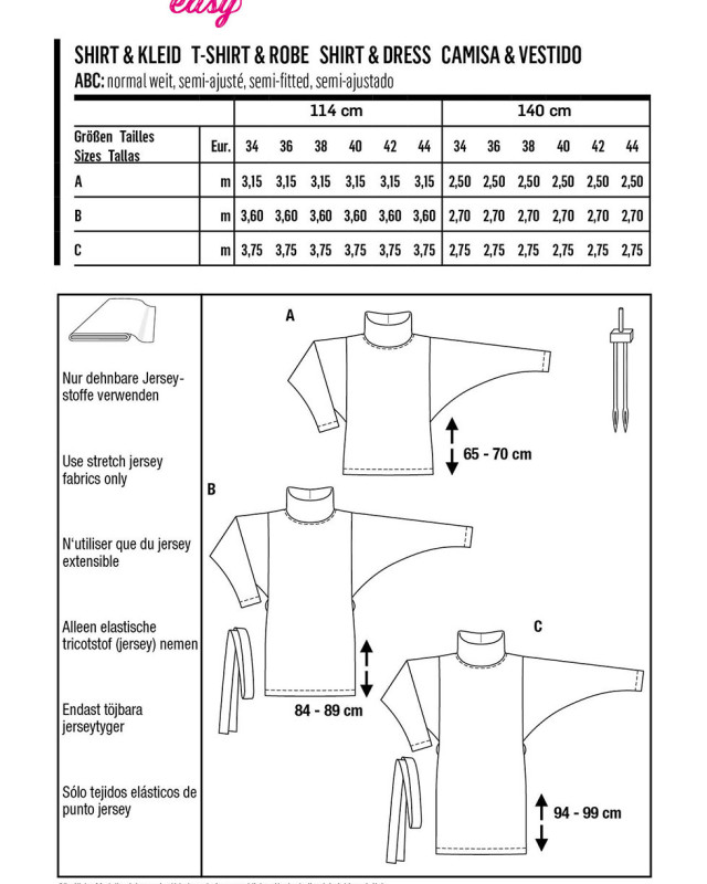 Patron de couture - T-shirt - robe ample - Col roulé - Burda 6074