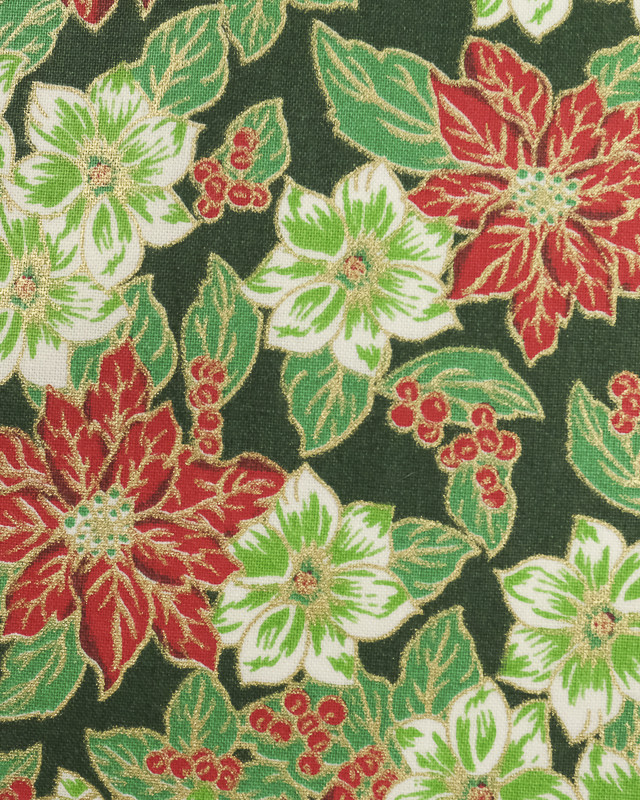 Coton Noël imprimé : fleurs rouge et fond vert - Mercerine