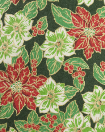 Coton Noël imprimé : fleurs rouge et fond vert - Mercerine