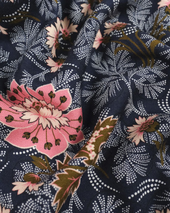 Twill Viscose Fleurs Japonaise Bleu nuit Imprimée France