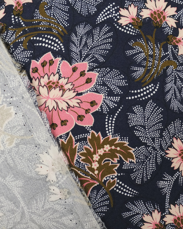 Twill Viscose Imprimée France : Fleurs Japonaise Bleu nuit - Mercerine