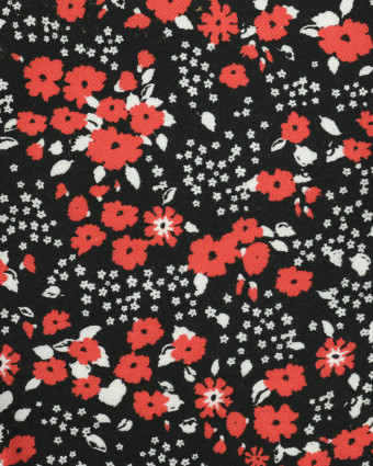 Tissu Twill Viscose Noir Fleurs Corail - Imprimée en France  - Mercerine -  Mercerine